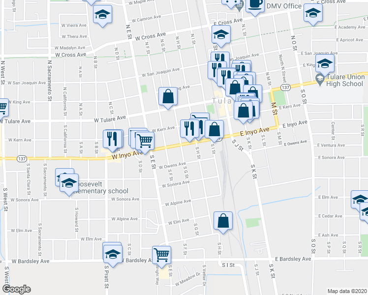 map of restaurants, bars, coffee shops, grocery stores, and more near 304 South G Street in Tulare