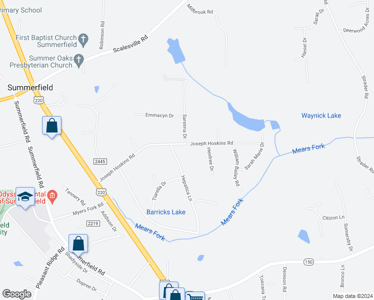 map of restaurants, bars, coffee shops, grocery stores, and more near 4505 Joseph Hoskins Road in Summerfield