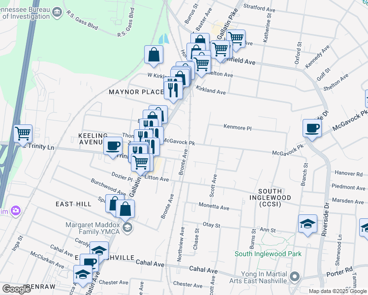 map of restaurants, bars, coffee shops, grocery stores, and more near 1203 Keller Avenue in Nashville