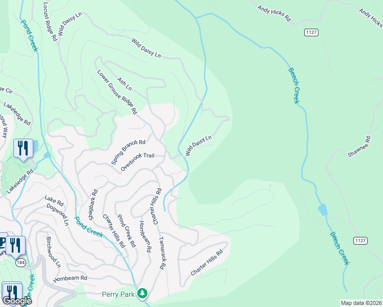 map of restaurants, bars, coffee shops, grocery stores, and more near 120 Wild Daisy Lane in Beech Mountain