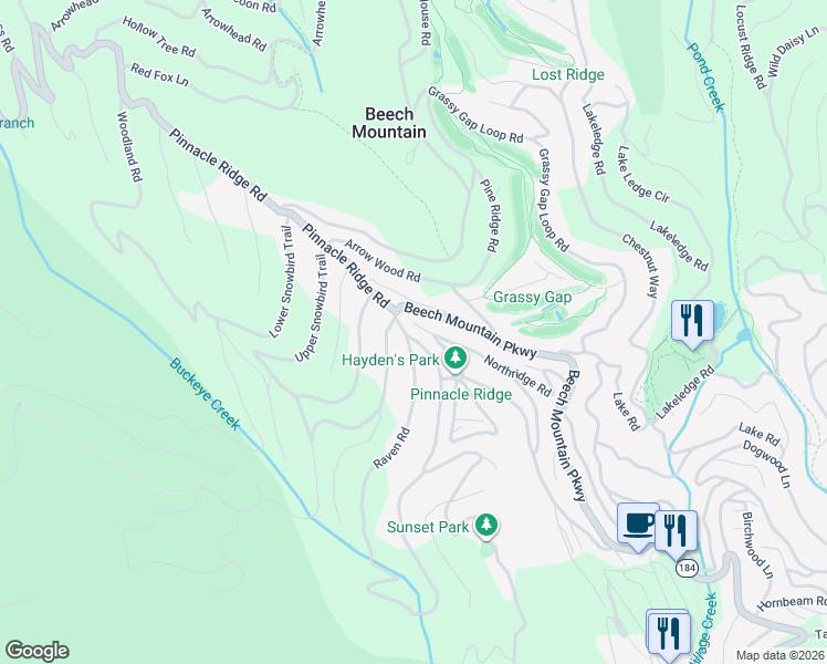 map of restaurants, bars, coffee shops, grocery stores, and more near 100 Raven Road in Beech Mountain