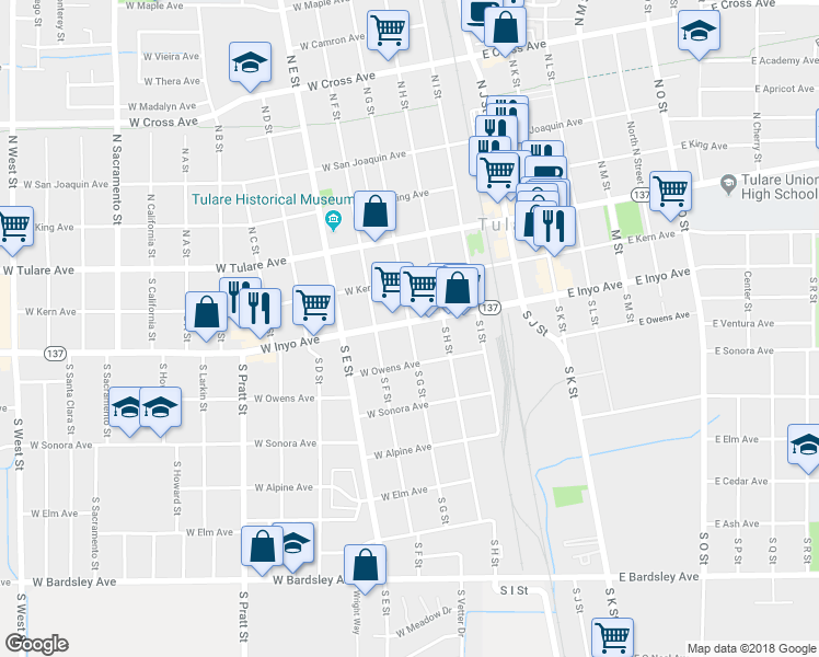 map of restaurants, bars, coffee shops, grocery stores, and more near 307 South G Street in Tulare