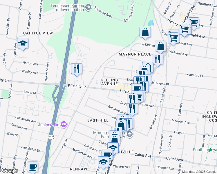 map of restaurants, bars, coffee shops, grocery stores, and more near 1032b East Trinity Lane in Nashville