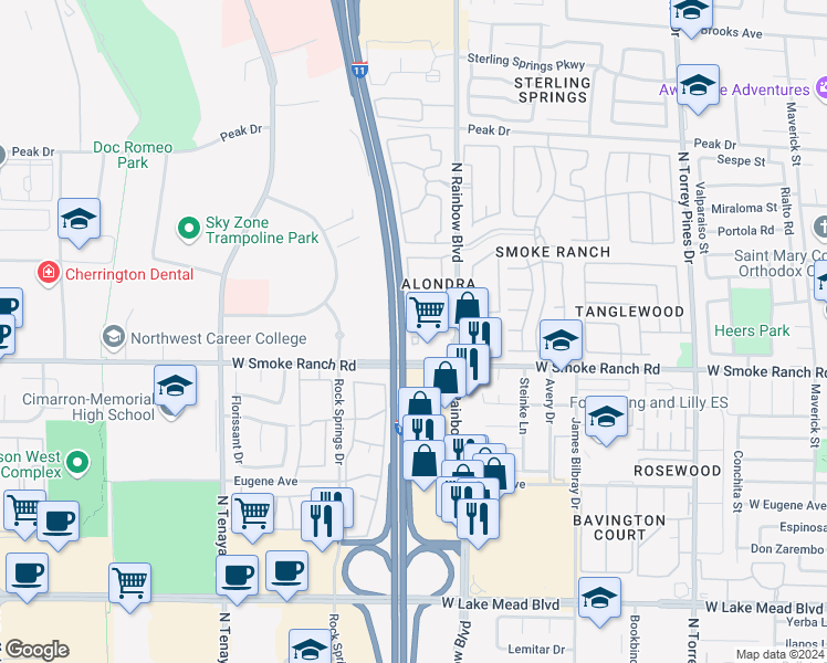 map of restaurants, bars, coffee shops, grocery stores, and more near 2451 North Rainbow Boulevard in Las Vegas