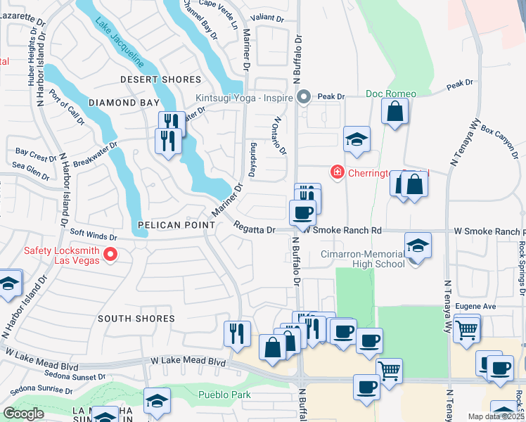 map of restaurants, bars, coffee shops, grocery stores, and more near 7641 Sea Wind Drive in Las Vegas