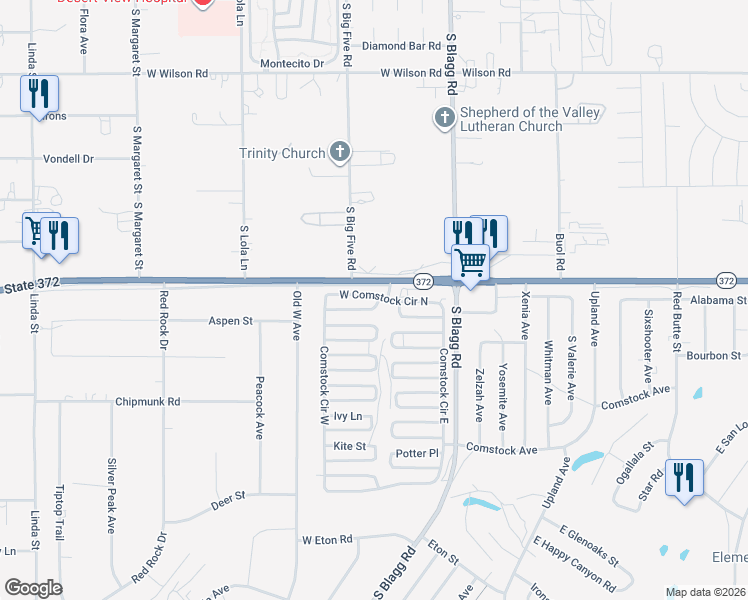 map of restaurants, bars, coffee shops, grocery stores, and more near 201 West Comstock Circle North in Pahrump