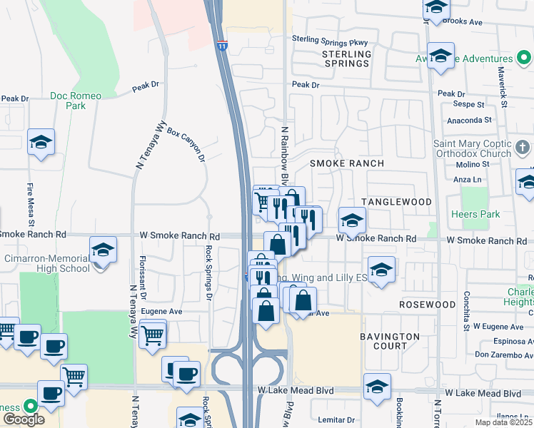 map of restaurants, bars, coffee shops, grocery stores, and more near 2451 North Rainbow Boulevard in Las Vegas
