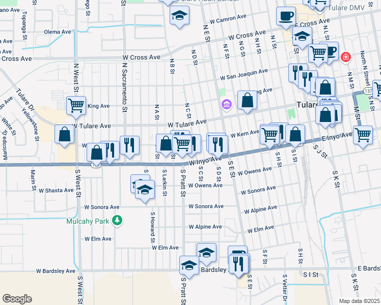 map of restaurants, bars, coffee shops, grocery stores, and more near 720 West Inyo Avenue in Tulare