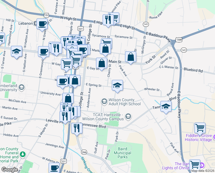 map of restaurants, bars, coffee shops, grocery stores, and more near 306 East Spring Street in Lebanon