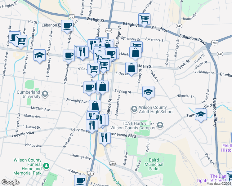map of restaurants, bars, coffee shops, grocery stores, and more near 208 East Spring Street in Lebanon