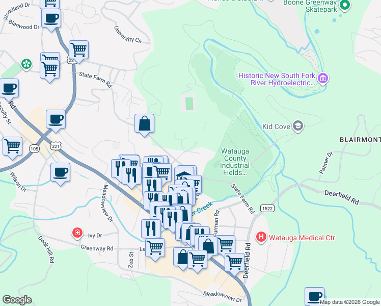 map of restaurants, bars, coffee shops, grocery stores, and more near 300 State Farm Road in Boone
