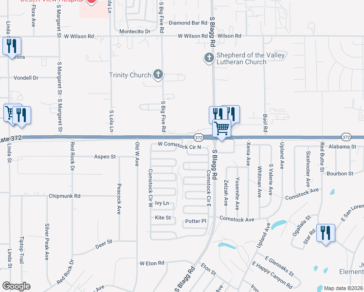 map of restaurants, bars, coffee shops, grocery stores, and more near 201 West Comstock Circle North in Pahrump
