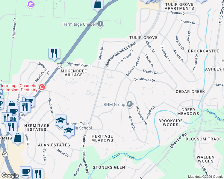 map of restaurants, bars, coffee shops, grocery stores, and more near 4356 Baton Rouge Drive in Nashville