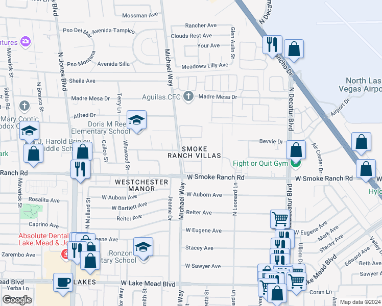 map of restaurants, bars, coffee shops, grocery stores, and more near 5400 Tassara Way in Las Vegas