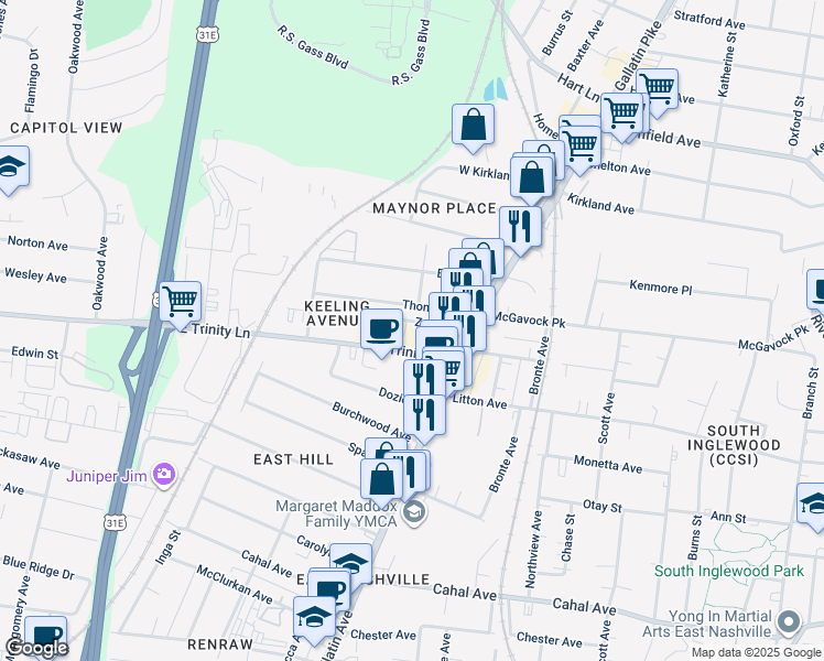 map of restaurants, bars, coffee shops, grocery stores, and more near 1069D East Trinity Lane in Nashville