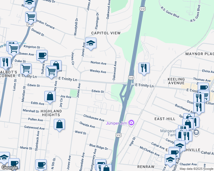 map of restaurants, bars, coffee shops, grocery stores, and more near 537 Edwin Street in Nashville
