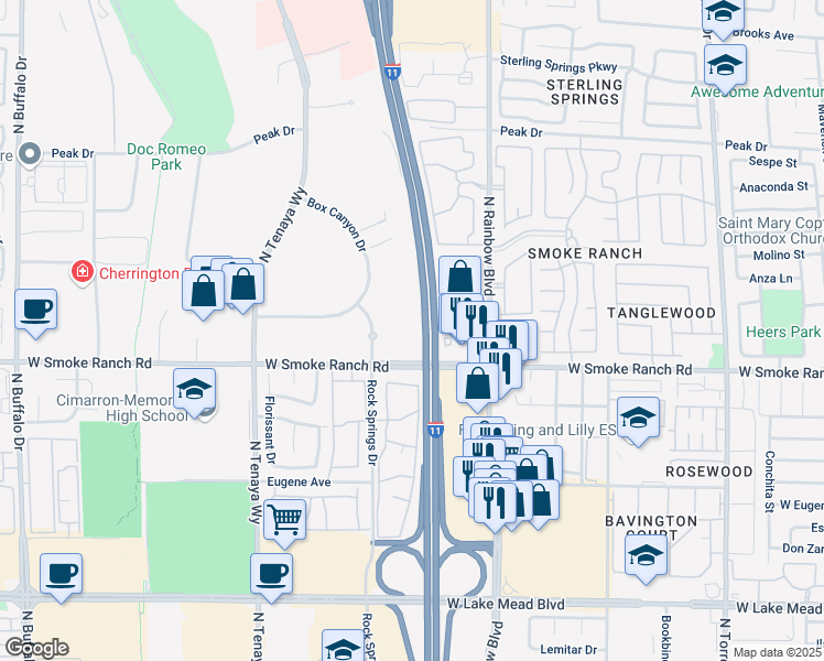 map of restaurants, bars, coffee shops, grocery stores, and more near Veterans Memorial Hwy in Las Vegas