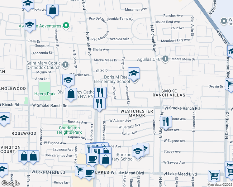 map of restaurants, bars, coffee shops, grocery stores, and more near 2417 Calico Street in Las Vegas