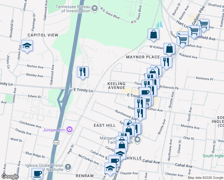 map of restaurants, bars, coffee shops, grocery stores, and more near 1032b East Trinity Lane in Nashville