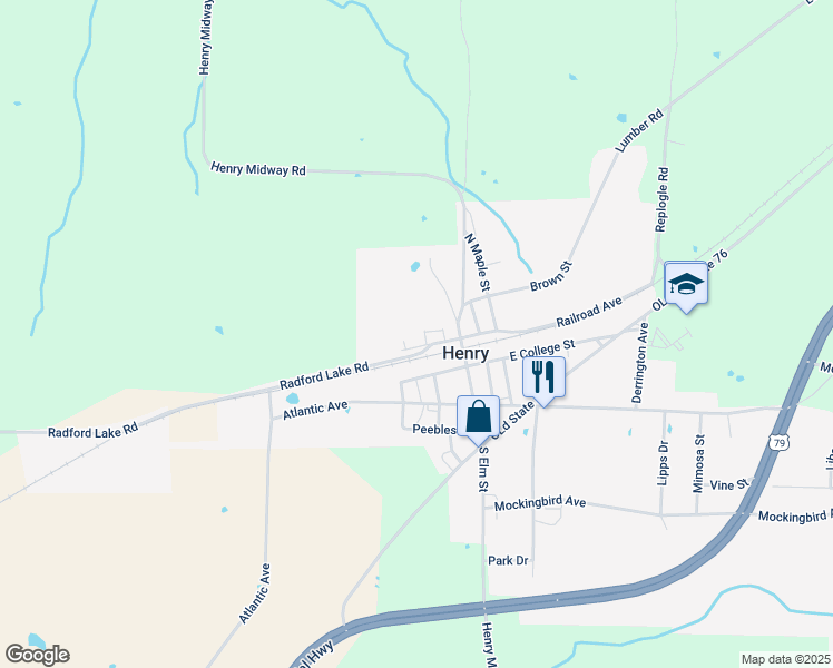 map of restaurants, bars, coffee shops, grocery stores, and more near 84 West Main Street in Henry