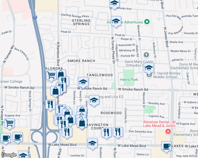 map of restaurants, bars, coffee shops, grocery stores, and more near 2433 Olivewood Street in Las Vegas
