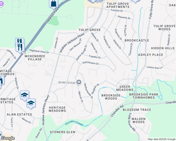 map of restaurants, bars, coffee shops, grocery stores, and more near 613 Netherlands Drive in Nashville