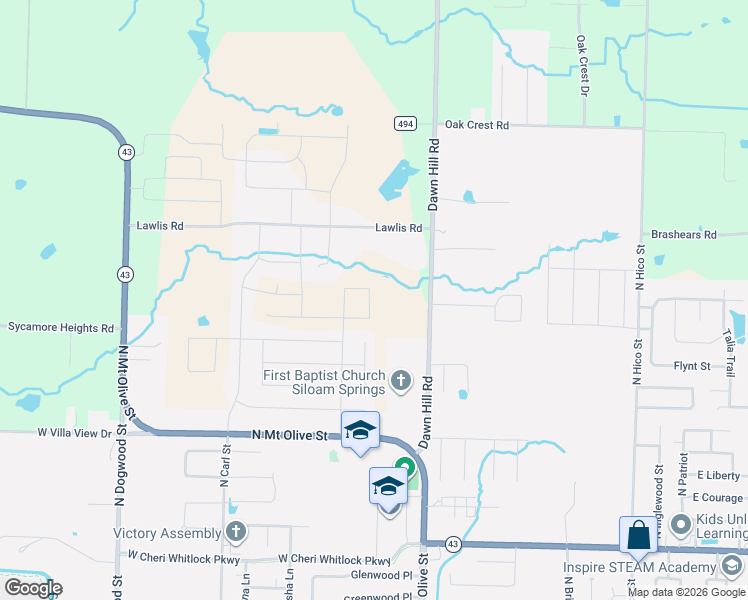 map of restaurants, bars, coffee shops, grocery stores, and more near 2270 1/2 Dawn Hill Road in Siloam Springs