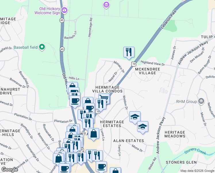 map of restaurants, bars, coffee shops, grocery stores, and more near 4234 Lebanon Pike in Nashville