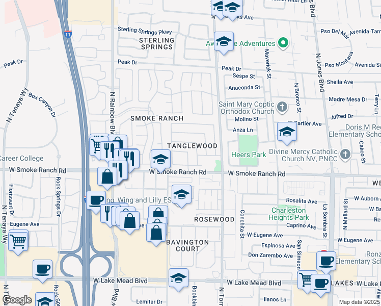 map of restaurants, bars, coffee shops, grocery stores, and more near 2433 Olivewood Street in Las Vegas