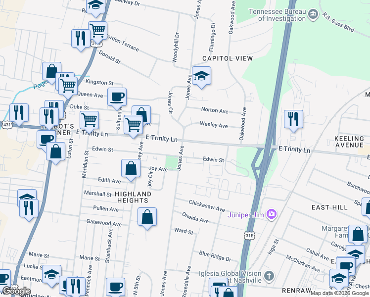 map of restaurants, bars, coffee shops, grocery stores, and more near 1905 Jones Avenue in Nashville