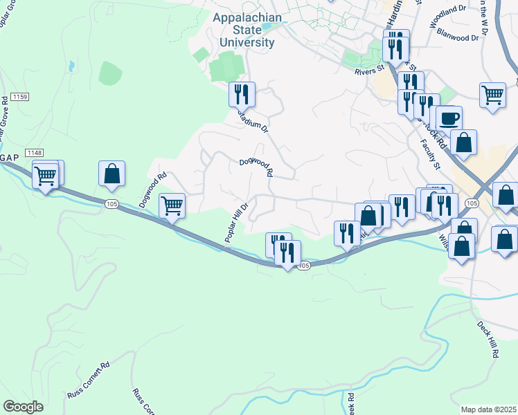 map of restaurants, bars, coffee shops, grocery stores, and more near 123 Horseshoe Drive in Boone
