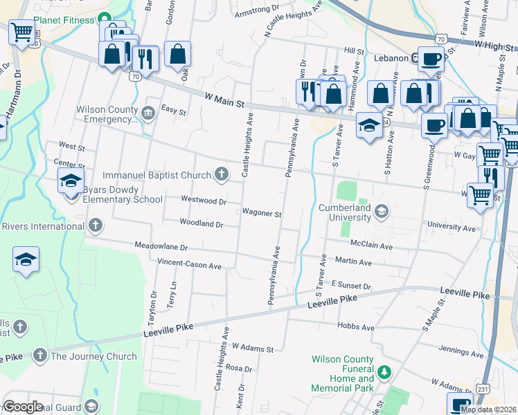 map of restaurants, bars, coffee shops, grocery stores, and more near 610 Wagoner Street in Lebanon