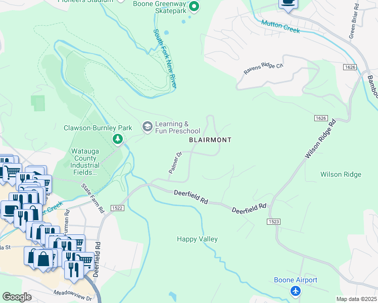 map of restaurants, bars, coffee shops, grocery stores, and more near Blairmont Drive in Boone