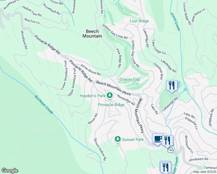 map of restaurants, bars, coffee shops, grocery stores, and more near 207-220 Northridge Road in Beech Mountain