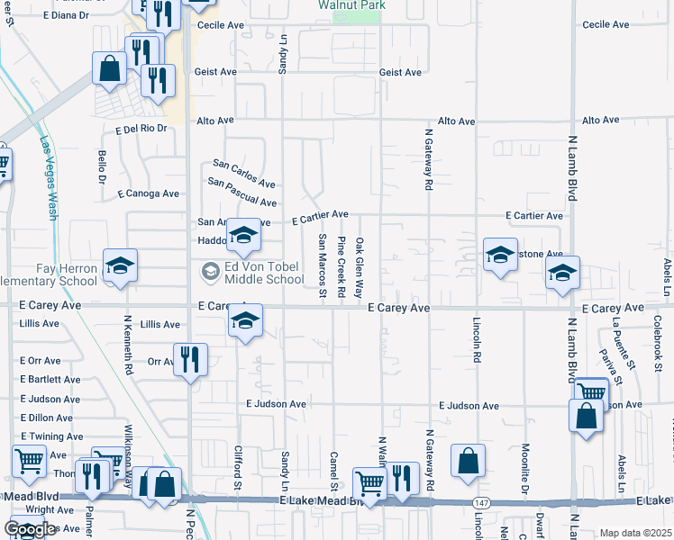 map of restaurants, bars, coffee shops, grocery stores, and more near 2452 San Marcos Street in Las Vegas