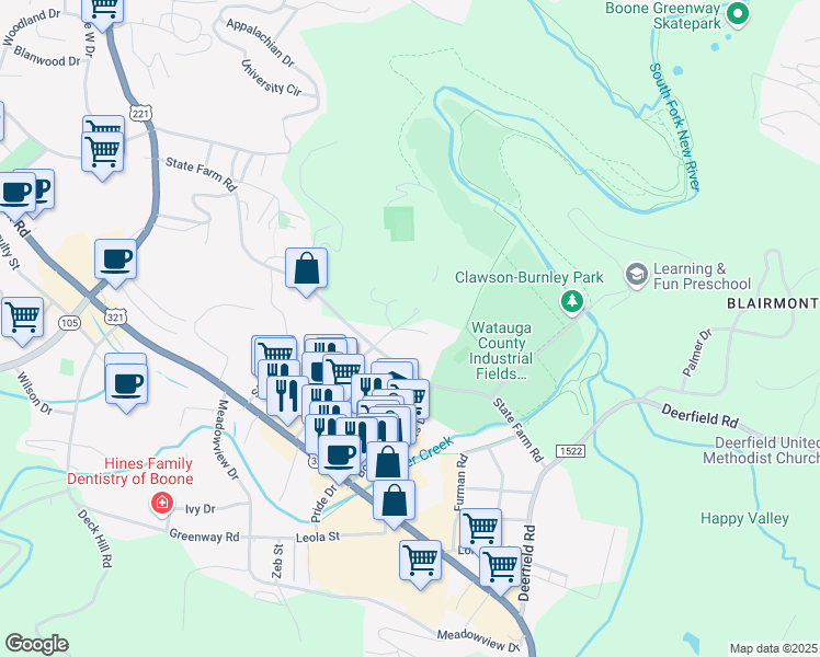 map of restaurants, bars, coffee shops, grocery stores, and more near 300 State Farm Road in Boone