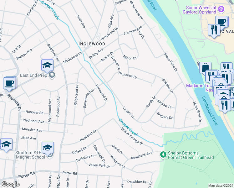 map of restaurants, bars, coffee shops, grocery stores, and more near 2205 Cooper Lane in Nashville