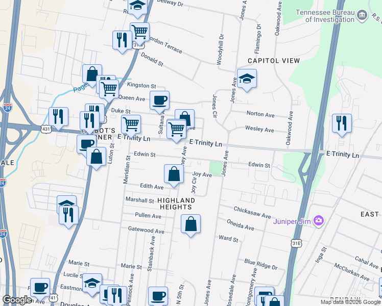 map of restaurants, bars, coffee shops, grocery stores, and more near 1901 Lischey Avenue in Nashville