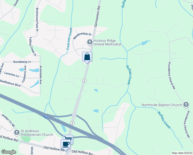 map of restaurants, bars, coffee shops, grocery stores, and more near Seymore Lane in Winston-Salem