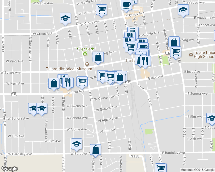 map of restaurants, bars, coffee shops, grocery stores, and more near 299 West Inyo Avenue in Tulare