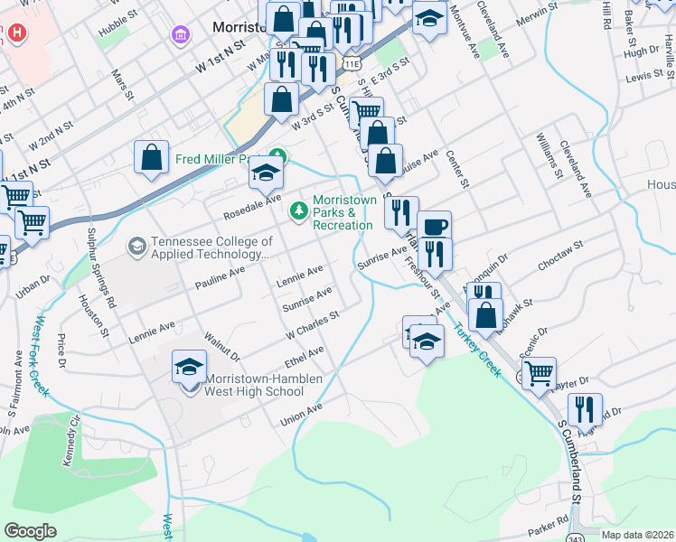 map of restaurants, bars, coffee shops, grocery stores, and more near 905 Crescent Street in Morristown