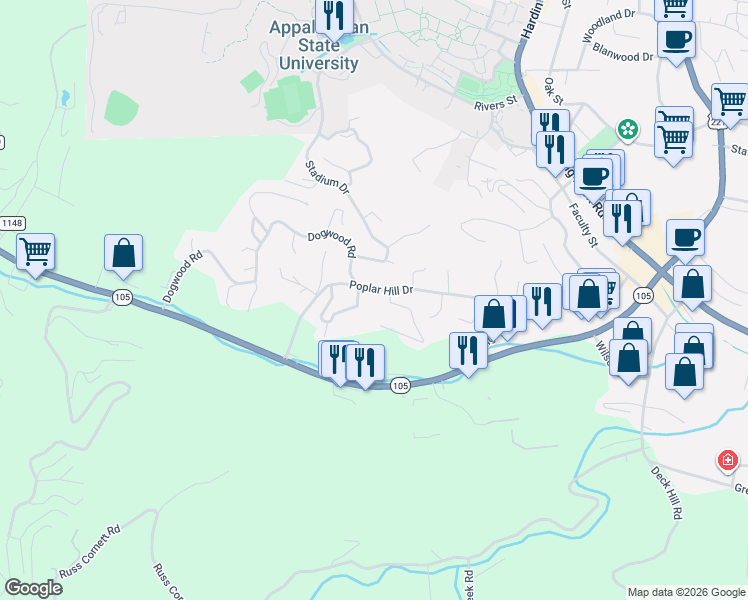 map of restaurants, bars, coffee shops, grocery stores, and more near 294 Horseshoe Drive in Boone