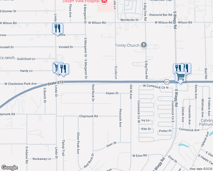 map of restaurants, bars, coffee shops, grocery stores, and more near 580 Aspen Street in Pahrump