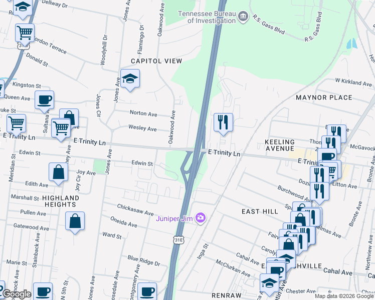 map of restaurants, bars, coffee shops, grocery stores, and more near 800 East Trinity Lane in Nashville