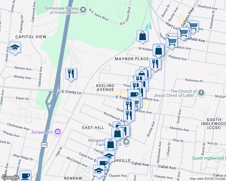 map of restaurants, bars, coffee shops, grocery stores, and more near 800 Vibe Place in Nashville
