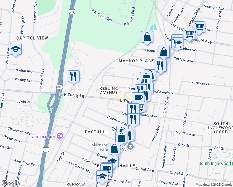map of restaurants, bars, coffee shops, grocery stores, and more near 800 Vibe Place in Nashville