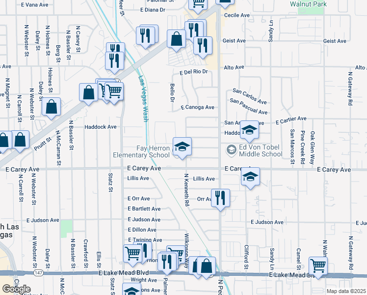 map of restaurants, bars, coffee shops, grocery stores, and more near 3502 East Broadway Avenue in North Las Vegas