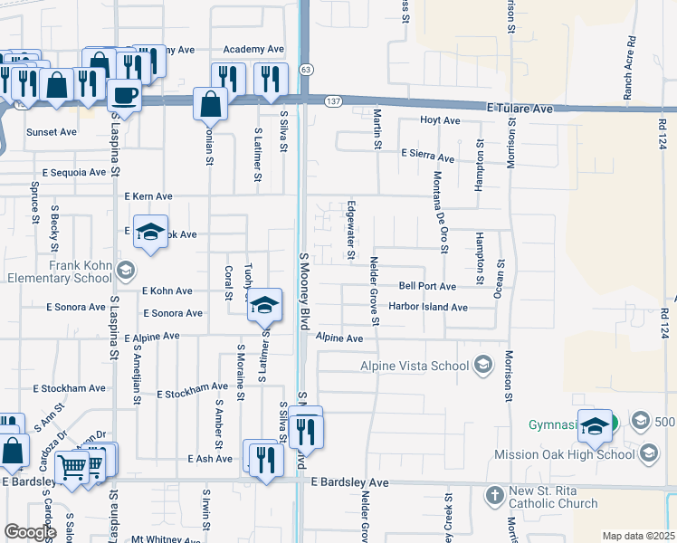 map of restaurants, bars, coffee shops, grocery stores, and more near 2395 Ship Rock Avenue in Tulare
