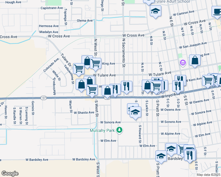 map of restaurants, bars, coffee shops, grocery stores, and more near 1221 West Kern Avenue in Tulare