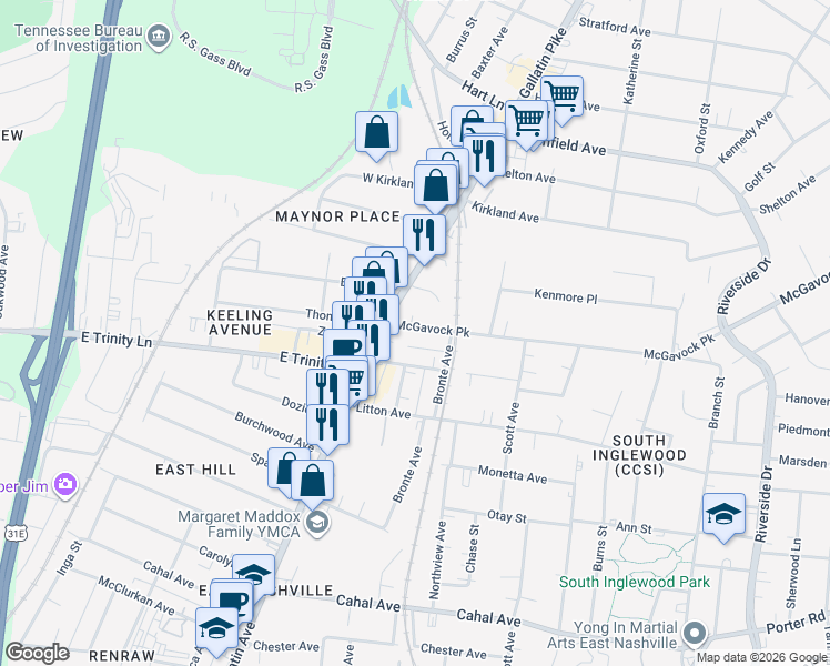 map of restaurants, bars, coffee shops, grocery stores, and more near 1121 Leland Avenue in Nashville
